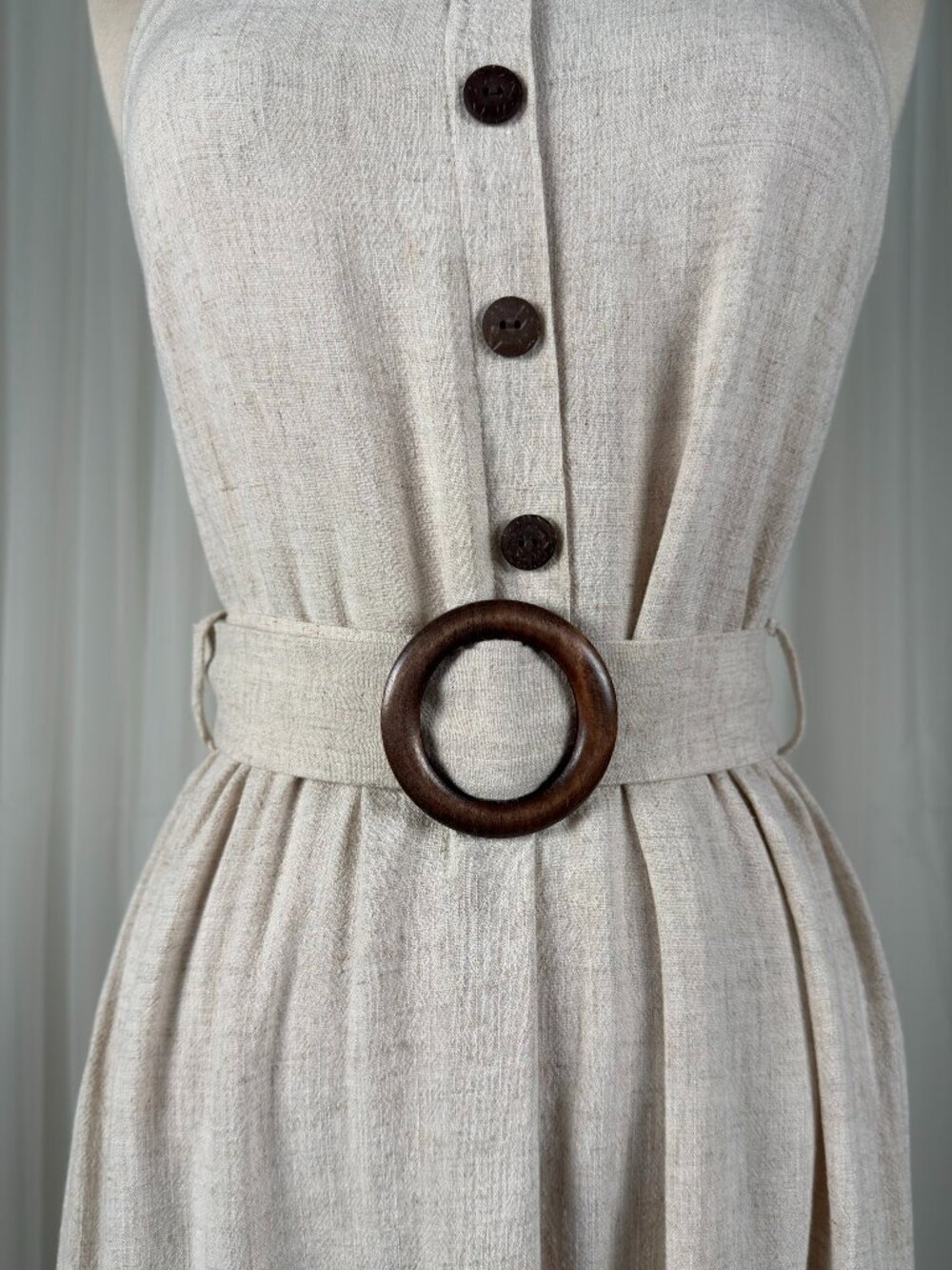 Monteau Belted Button Front Tiered Midi Sundress Cottagecore Beige Womens Size M - Picture 6 of 8